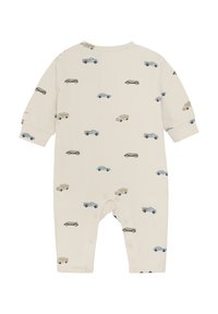 Rompers en coton beige pour bébé avec manches longues, arborant un motif de voitures répété. Fermetures à pressions en bas pour un habillage facile.