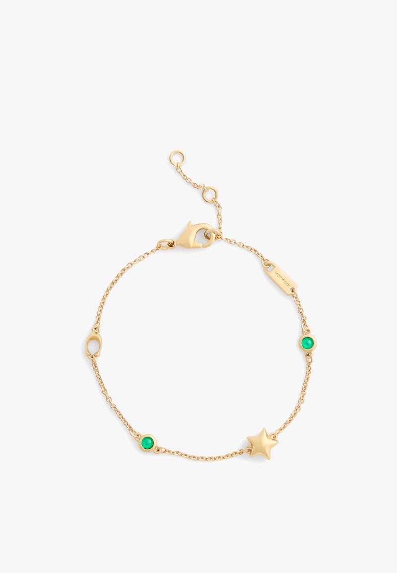Gold chain bracelet featuring a star charm and two green stone accents, all on a delicate link chain with a lobster clasp closure.