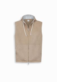 Beige ärmellose Weste mit Reißverschluss, Kapuze, weißen Kordeln und Vordertaschen, vor schlicht weißem Hintergrund dargestellt.