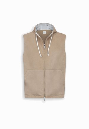 Beige ärmellose Weste mit Reißverschluss, Kapuze, weißen Kordeln und Vordertaschen, vor schlicht weißem Hintergrund dargestellt.