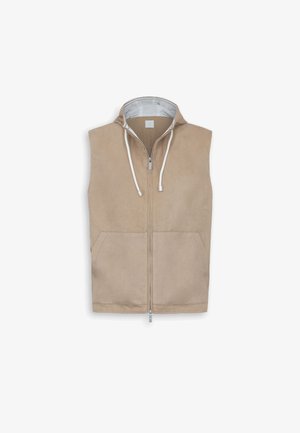 Beige värinen hihaton vetoketjullinen liivi hupulla, valkoisilla kiristysnauhoilla ja etutaskuilla, esitettynä yksinkertaisella valkoisella taustalla.