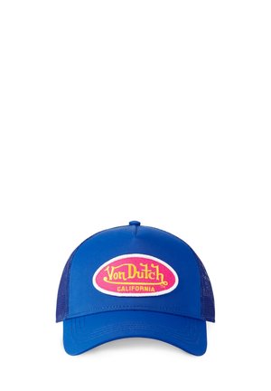 Blaues Von Dutch California Trucker-Cap mit pinkem, weißem und gelbem Logo-Patch vorne und Netzrückenteilen.