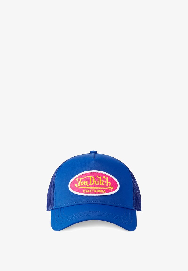 Blue Von Dutch California trucker cap with pink, white, and yellow logo patch on the front and mesh back panels.