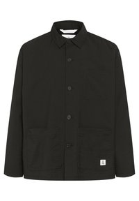 Black, long-sleeve jacket made of soft, textured fabric featuring a collar, front buttons, a chest pocket, and two large front pockets.