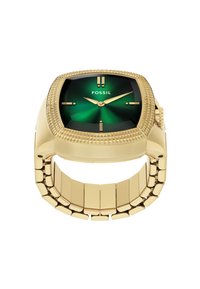 Montre Fossil en or avec un boîtier carré, un cadran dégradé vert, une lunette texturée et un bracelet à maillons. Marqueurs d'heure et aiguilles minimalistes.
