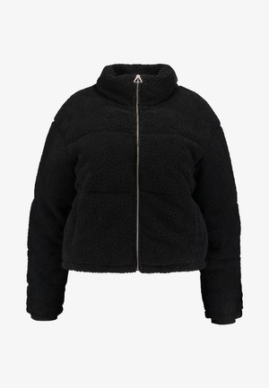 Juodas dirbtinio kailio švarkas su aukštu apykakle, užtrauktuku ir ilgomis rankovėmis. Ypatinasi trumpu dizainu ir minkšta, tekstūruota medžiaga.