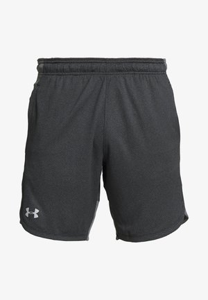 Czarne sportowe spodenki z teksturą, elastycznym pasem i małym białym logo Under Armour na lewej nodze.
