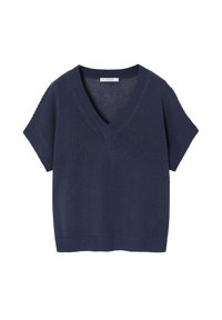 Maglione lavorato a maglia blu navy con scollatura a V e maniche corte. Dettagli a costine sul collo e sull'orlo, caratterizzato da una vestibilità ampia e cropped.