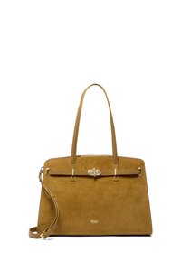 Tan suede handbag with a structured design, dual top handles, a detachable shoulder strap, and gold-tone hardware accents.