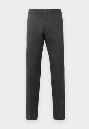 Graue gerade geschnittene Hose aus strukturiertem Stoff mit flachem Bund und seitlichen Taschen, in einer klaren, maßgeschneiderten Silhouette.