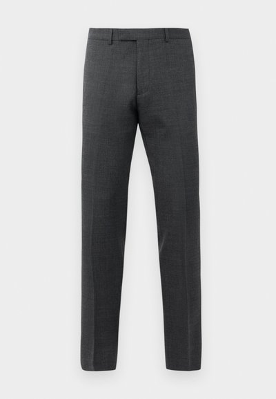 Pantalones rectos grises hechos de un tejido texturizado, con un frente plano y bolsillos laterales, que ofrecen una silueta limpia y a medida.