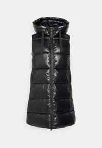 Czarna pikowana kamizelka o błyszczącym wykończeniu, z wysokim kołnierzem, zamkiem błyskawicznym z przodu i dwoma bocznymi kieszeniami. Posiada regulowane sznurki w kapturze.