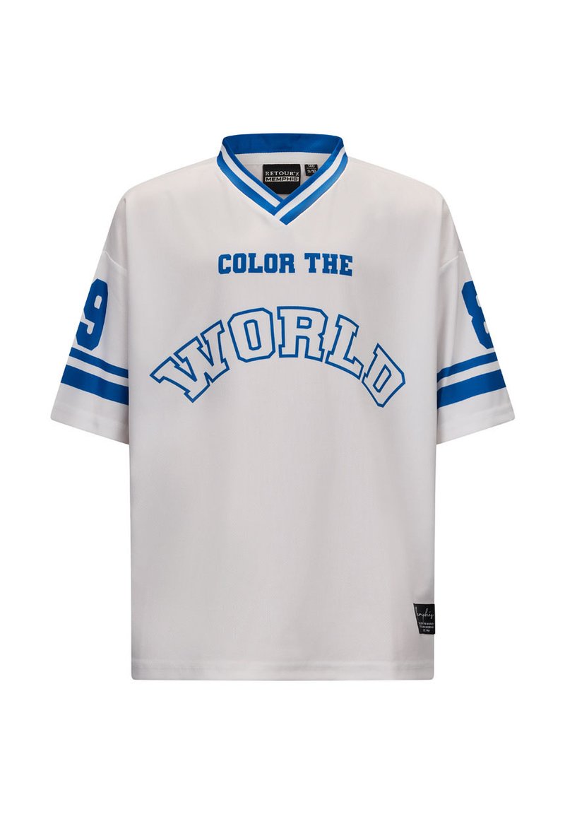 Biała koszulka z niebieskim napisem "POKOLORUJ ŚWIAT", krótki rękaw, dekolt w serek oraz numeryczne akcenty na lewym rękawie.