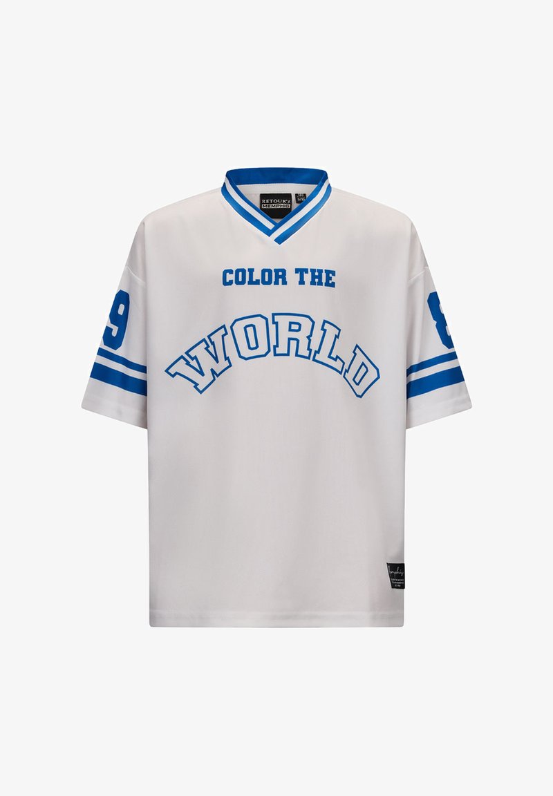 Biała koszulka z niebieskim napisem "POKOLORUJ ŚWIAT", krótki rękaw, dekolt w serek oraz numeryczne akcenty na lewym rękawie.