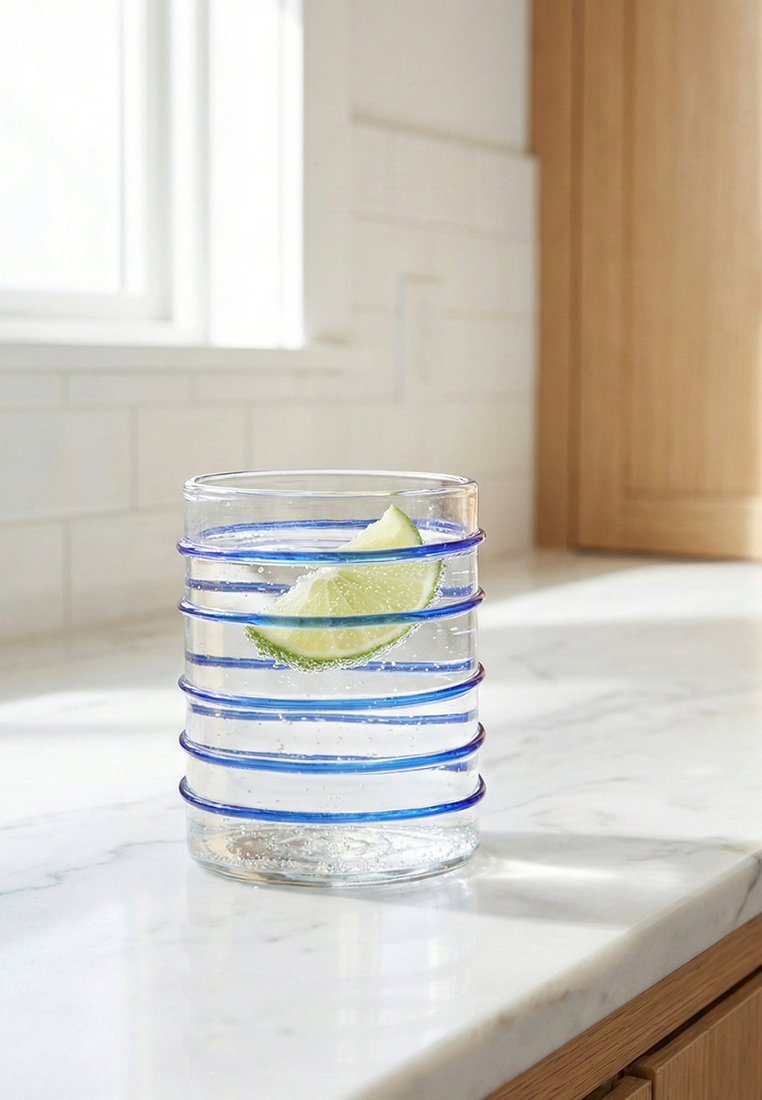 Przezroczysta szklanka z niebieskimi poziomymi paskami, wypełniona gazowaną wodą i plasterkiem limonki, umieszczona na białym marmurowym blacie blisko okna.
