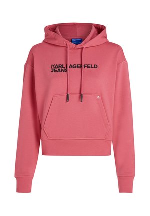 Pink hooded sweatshirt with a front pocket, featuring "KARL LAGERFELD JEANS" logo in black, made from a soft, textured fabric.