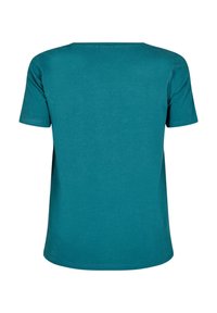 Teal kortærmet t-shirt, crew neck, lavet af blødt bomuld, har en glat tekstur og en afslappet pasform uden synlige mønstre eller detaljer.