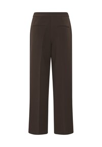 Pantalon marron foncé à jambes larges, taille haute et deux poches passepoilées à l'arrière, vu de dos sur fond blanc.