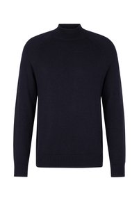 Marineblaue Langarmpullover mit geripptem Rundhalsausschnitt, Bündchen und Saum, aus feinem Strickmaterial gefertigt.