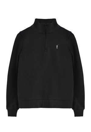 Schwarzes Halb-Reißverschluss-Sweatshirt aus weichem Stoff. Mit hohem Kragen, gerippten Bündchen und Saum sowie einem kleinen Logo auf der linken Brust.
