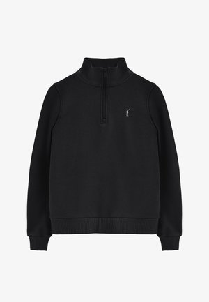 Zwarte half-zip sweatshirt gemaakt van zachte stof. Beschikt over een hoge kraag, ribgebreide manchetten en zoom, met een klein logo op de linkerkant van de borst.