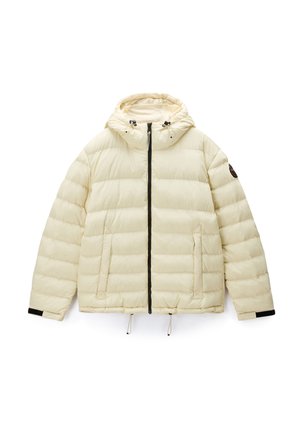 Giacca imbottita color crema con cerniera frontale, cappuccio con coulisse, due tasche laterali e cinturini regolabili ai polsi.