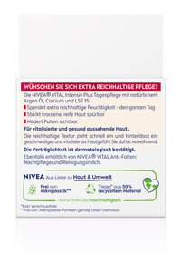 NIVEA VITAL Intensiv Plus Day Cream box, white with colorful text. Contains Argan oil, calcium, SPF 15. Recyclable packaging, dermatologically tested.