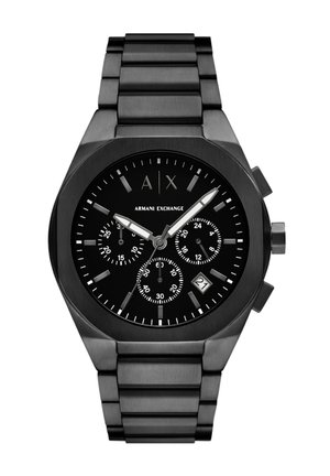 Crni hronografski sat Armani Exchange s metalnom narukvicom, osmerokutnim kućištem, crnim brojčanikom, bijelim oznakama i prikazom datuma na 6 sati.