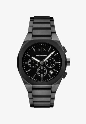 Mustad musta kellaga kronograaf Armani Exchange'ilt metallkettaga, kaheksanurkse korpuse ja musta näo, valgete märkide ning kuupäevanäidikuga kell 6.