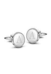 Srebrne spinki do mankietów z okrągłą tarczą, wyrytym literą "A" i koralikowym wykończeniem. Polerowane wykończenie o eleganckim, nowoczesnym designie.