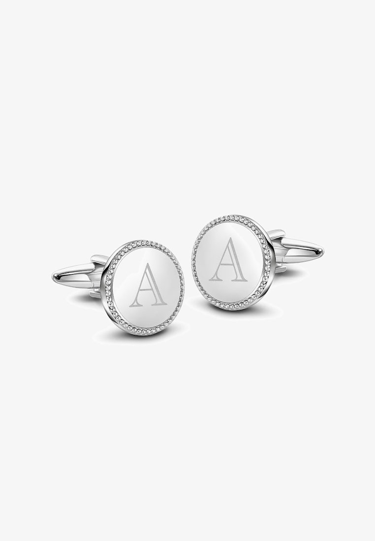 Srebrne spinki do mankietów z okrągłą tarczą, wyrytym literą "A" i koralikowym wykończeniem. Polerowane wykończenie o eleganckim, nowoczesnym designie.