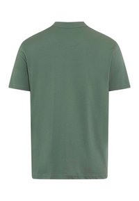 T-shirt vert olive uni à manches courtes, vue de dos, avec un col rond et des détails de couture simples.
