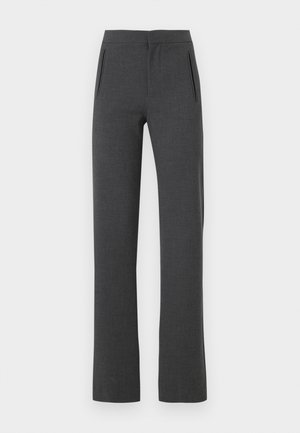 Tumedat halli värvi sirge lõikega püksid küljetaskute ja keskmise vöökohaga.