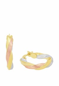 Vridna hoopörhängen med detaljer i guldton, silverton och roséguld; släta och strukturerade ytor med ett säkert låsklipp.