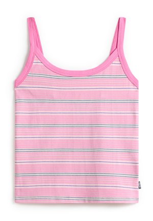 Débardeur rose avec fines rayures horizontales bleues et blanches, avec des bretelles étroites et une petite étiquette de marque latérale.
