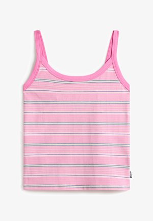 Pink tanktop med tynde horisontale striber i blå og hvid, med smalle skulderstropper og et lille sidebrandmærke.