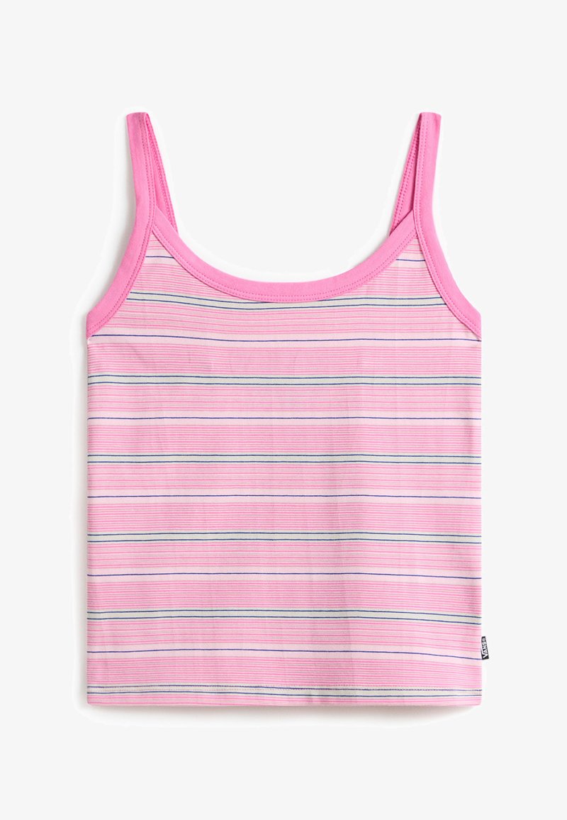 Débardeur rose avec fines rayures horizontales bleues et blanches, avec des bretelles étroites et une petite étiquette de marque latérale.