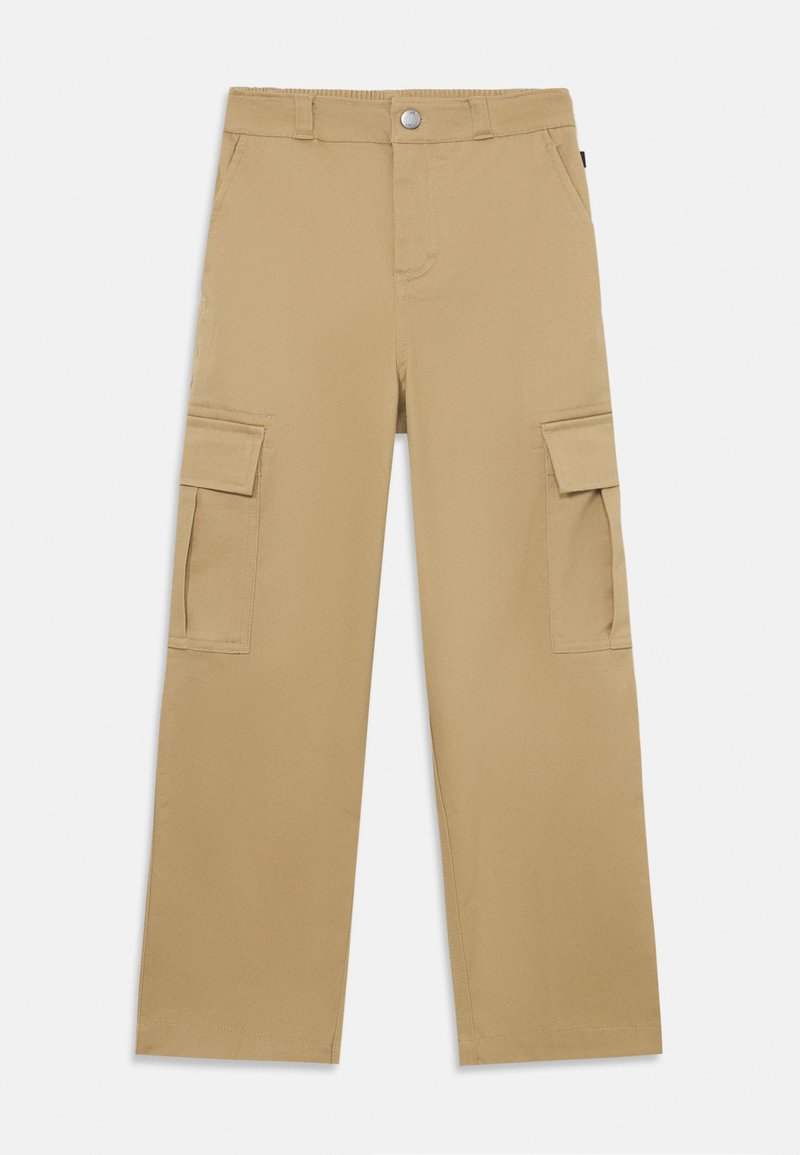 Μπεζ cargo παντελόνια από βαμβάκι, με χαλαρή εφαρμογή, φαρδιές μύτες, δύο πλαϊνές τσέπες και κουμπί στο ύψος της μέσης.