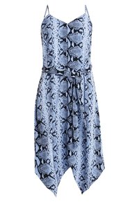 Sleeveless blue and black snake print dress with spaghetti straps, V-neckline, belted waist, and asymmetrical pointed hemline.