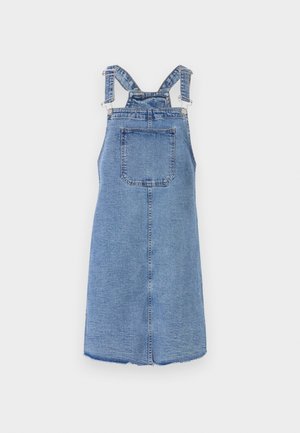 Denim overall dress with adjustable straps, mid-length, featuring front pocket, faded blue fabric, and raw hem at the bottom.