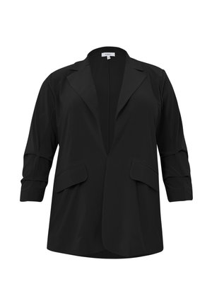 Schwarze, leichte Jacke, taillierte Passform, offenes Design, 3/4-Ärmel, zwei vordere Taschen, glatte Textur, minimalistischer Stil, ohne Verschluss.