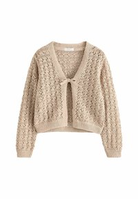 Cardigan all'uncinetto in morbido beige, con apertura frontale e dettaglio a fiocco, maniche lunghe e un motivo in pizzo testurizzato. Design corto.