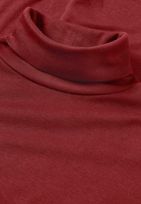 Burgunderfarbener Rollkragenpullover mit gerippter Textur, weichem Stoff und hohem Kragen, ordentlich gefaltet, um seine glatte Oberfläche und Farbe zu zeigen.