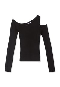 Czarny prążkowany top z długim rękawem w stylu off-the-shoulder, z teksturowanej tkaniny i prostym kroju.