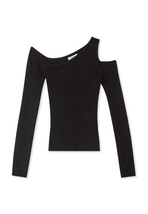 Maglietta nera a maniche lunghe con design scollato, caratterizzata da un tessuto testurizzato e una linea dritta.