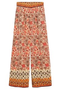 Spodnie typu wide-leg w kremowy kwiatowy wzór, z odcieniami czerwieni i pomarańczy. Elastyczny pasek w talii z kontrastowym wykończeniem i szczegółowym wykończeniem u dołu.