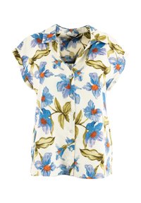 Camisa de botones floral en crema, con mangas cortas de gran tamaño. El estampado incluye flores azules con centros naranjas y hojas verdes.