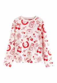 Cămașă cu mânecă lungă din material reiat roz deschis, cu modele imprimate roșii reprezentând inimioare, plicuri, cireșe și textul „xoxo” pe întreaga suprafață.