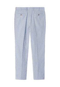 Blue and white striped trousers with a straight-leg design, featuring two back pockets with silver hardware and a smooth texture.