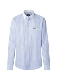 Camisa de manga larga azul claro con rayas verticales en azul oscuro y amarillo. Cuenta con un cuello abotonado y un bolsillo en el pecho.